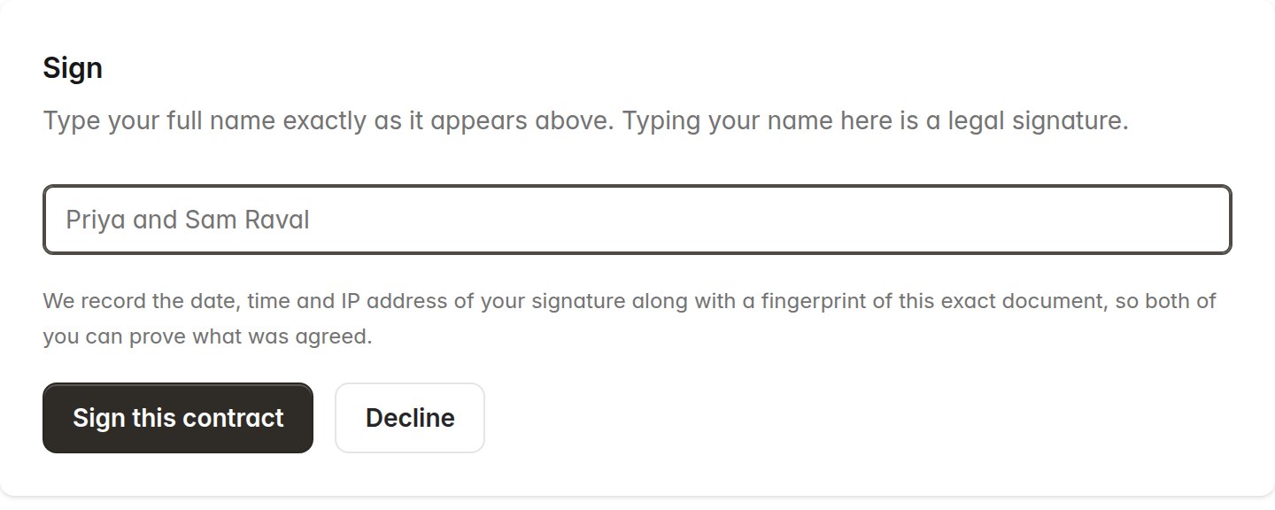 A contract page showing the retainer, the amount due and a box to type a name to sign